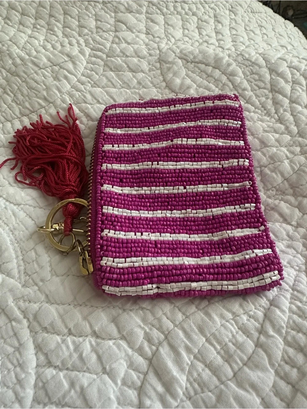 Anthropologie Pink Beaded Heart Tassel Coin Purse - Picture 2 of 3